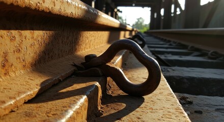 Railroad track detail showing connection and rust, with industrial and transportation theme