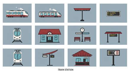 Colorful flat illustration of various elements related to a train station