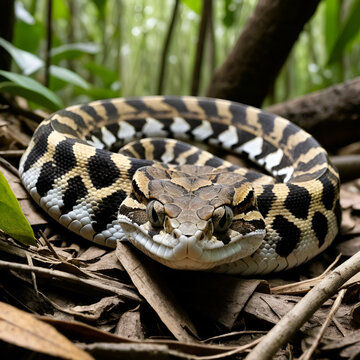 A Gaboon viper lying in ambush among dense forest debris