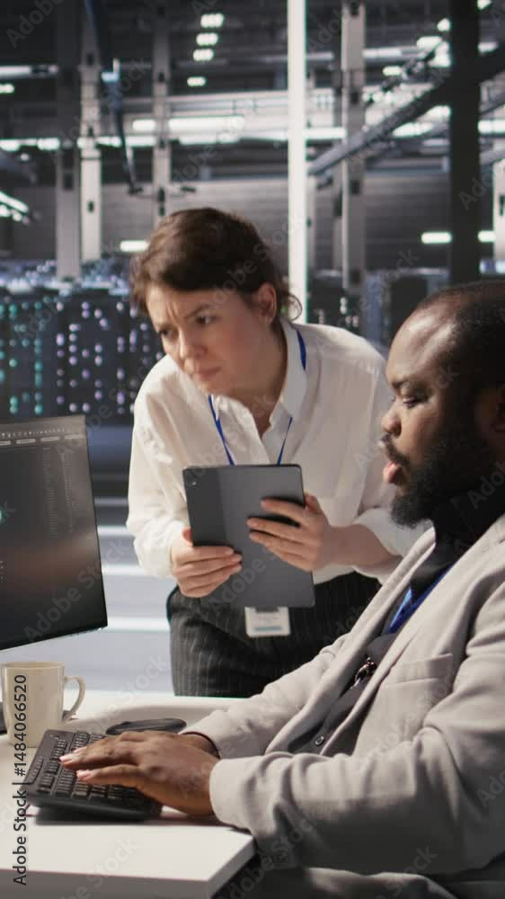 Poster vertical video server room manager supervise technician examining deep learning algorithms. data cen