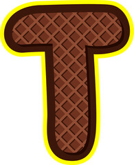 Delicious cartoon alphabet letter T styled as chocolate wafer with yellow outline. Perfect for food-themed designs, kids projects, packaging, and digital crafts. Isolated PNG on transparent background