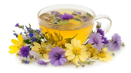 Clear glass teacup filled with herbal tea surrounded by colorful flowers.