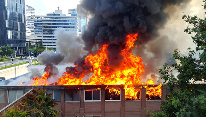 繁華街でビル火災が起きた様子。火事。A building fire broke out in a busy downtown area. Fire.