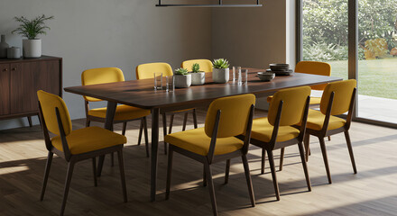 Fototapeta premium Inviting Dining Space Featuring Wooden Table and Mustard Colored Chairs