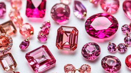 Radiant gemstones on white field glittering facets and saturated magenta hues a captivating display of precious cut stones