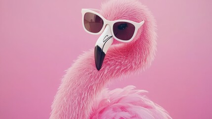 Whimsical Pink Flamingo Portrait with Sunglasses on Rose Background Capturing Summer Coolness and Fun