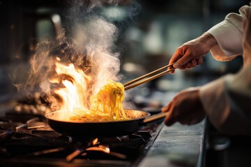Chef flambés pasta in a hot pan, creating a fiery culinary spectacle. The smoky atmosphere adds to the drama of this delicious dish.