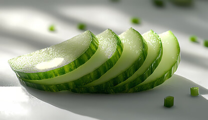 Close-up of fresh cucumber slices, glistening under soft light.  A refreshing image perfect for healthy eating or summer themes.