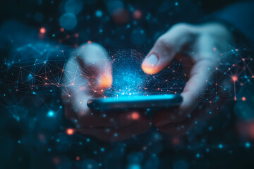 Close-up of hands using a smartphone, showcasing a glowing network graphic.  A digital world at their fingertips.