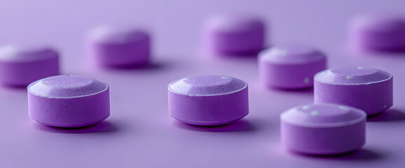 Close-up of several round, purple candies arranged on a purple surface.  The soft lighting and muted tones create a calming, serene mood.