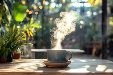 A steaming cup of hot beverage sits on a wooden table outdoors, surrounded by lush greenery. Warm sunlight casts shadows, creating a tranquil scene.