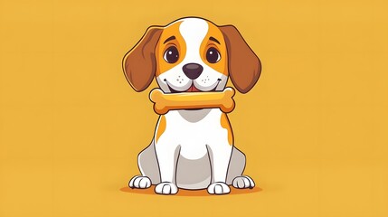 Cheerful cartoon beagle holding a bone against a mustard background.