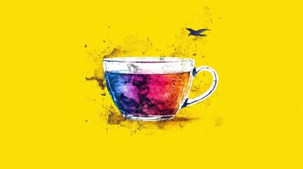 Artistic Watercolor Cup with Colorful Liquid Against Bright Yellow Backdrop and Silhouette Bird