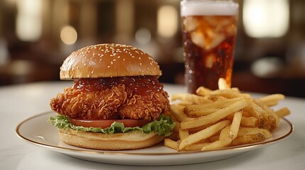 A crispy fried chicken sandwich with tomato and lettuce, served with french fries and a cold drink