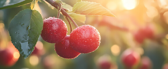Close-up of three ripe cherries glistening with morning dew, hanging from a branch bathed in warm sunlight.  A vibrant summer scene.