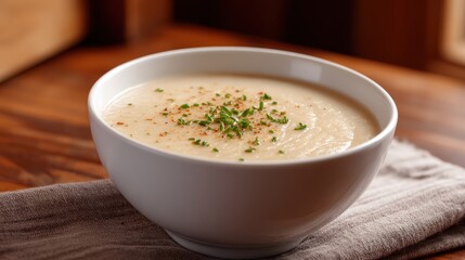 Creamy soup in a white bowl garnished with fresh herbs. Perfect for a cozy meal!