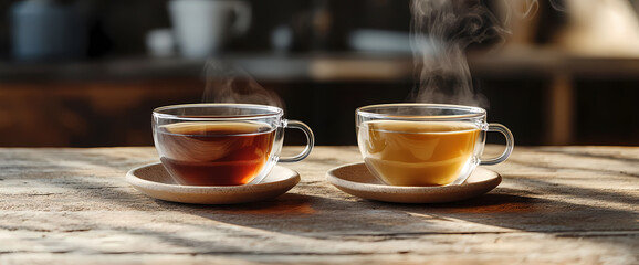 Two steaming cups of tea sit on a rustic wooden table, bathed in warm sunlight. One cup holds dark tea, the other a lighter brew.