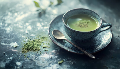 A steaming cup of matcha tea sits on a rustic blue-toned surface, accompanied by a small spoon and loose matcha powder. The calming green hues create a serene atmosphere.