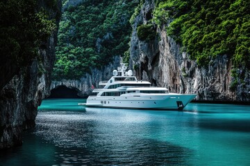 A luxury yacht cruises through turquoise waters, framed by dramatic cliffs and lush green vegetation on a tropical paradise landscape.