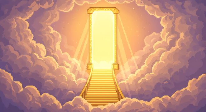 Pixel art stairway to heaven, golden gate and light