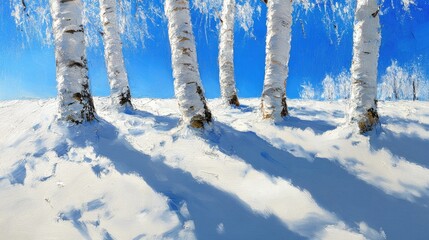 Birch trees with peeling white bark among untouched snow, subtle blue hues in winter light