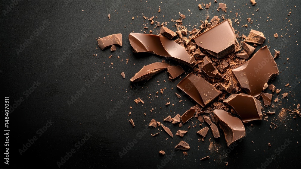 Poster bits of chocolate shell lying chaotically on a dark, moody surface, dramatic shadows cast