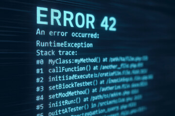 Obraz premium Error 42 message on computer screen with runtime exception and stack trace details related to computer engineering and software debugging process