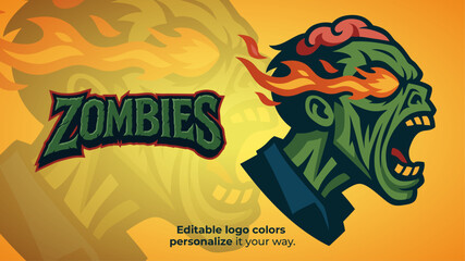 Flaming Brain Zombie Mascot Logo – Screaming Undead Head with Fire Vector for E-Sport, Horror and Apocalypse Gaming Teams
