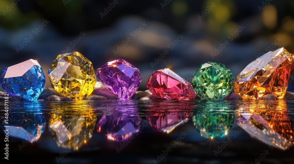 Poster artistic layout of colorful gemstones with dazzling reflections and soft background