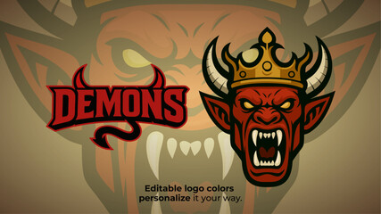Demon King Mascot Logo – Crowned Red Devil Head Vector for E-Sport, RPG and Dark Fantasy Gaming Teams
