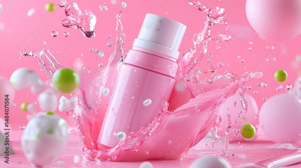 Poster artistic cosmetic mess on pink backdrop with futuristic zero-emission tech element