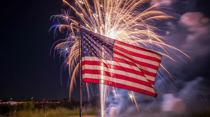 A dramatic photograph of fireworks exploding behind an American flag.