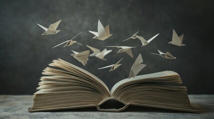 Literary flight: Origami birds soaring from the pages of an open book
