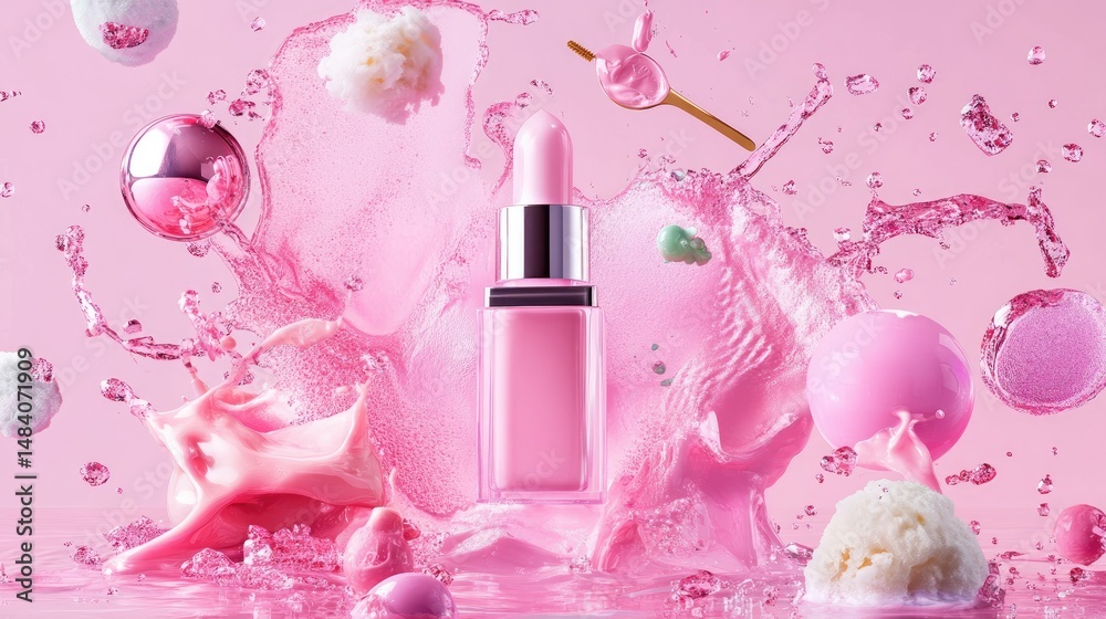 Poster artistic cosmetic mess on pink backdrop with futuristic zero-emission tech element