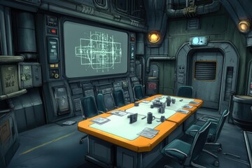 Futuristic meeting room with technical displays