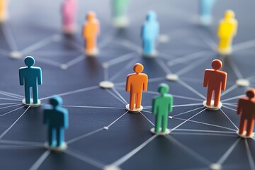 Colorful silhouettes connected by lines represent networking and collaboration in a digital environment