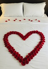 White bed with red rose petals forming a heart, overhead shot, soft ambient lighting, captured with 35mm lens, ultra-sharp focus, no people, clean and minimal aesthetic.