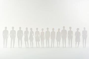 Silhouettes of diverse individuals standing in a minimalist space with soft lighting