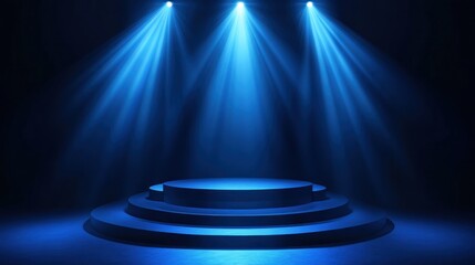 Blue podium mockup. Studio showroom pedestal, fashion showcase mock up scene or exhibition gallery display 3d vector podiums.