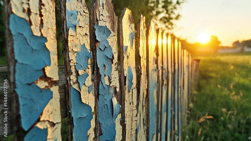 Poster aged fence with peeling paint and rust patterns, captured in golden hour lighting