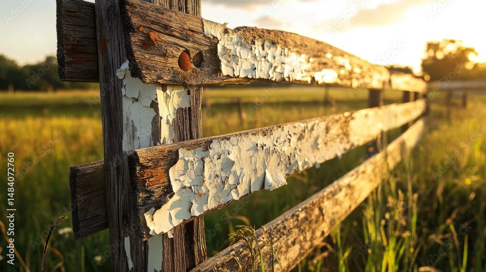 Poster aged fence with peeling paint and rust patterns, captured in golden hour lighting