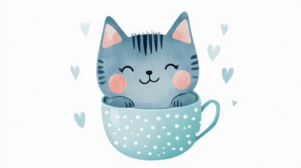 Cute gray cat nestled within a pastel teal teacup.