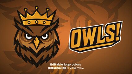 Royal Owl Mascot Logo – Crowned Wise Bird Head Vector for E-Sport, Tactical and Fantasy Gaming Teams
