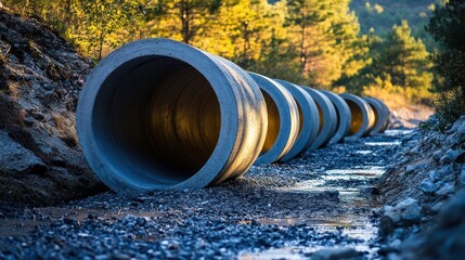 Fototapeta premium A sequence of concrete pipes laid in a natural setting during infrastructure project