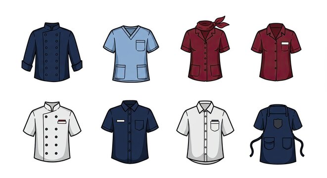 Colorful vector illustrations of various professional uniforms and workwear designs