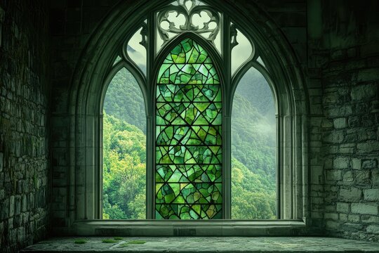 Gothic window frames a verdant mountain landscape, green stained glass filling the arch in stone walls.