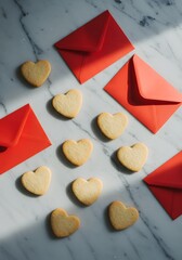 Minimalist flat lay of heart-shaped cookies and red envelopes, placed on marble background, top-down angle, natural window light.