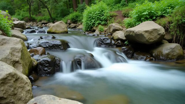 A serene stream flowing over rocks surrounded
