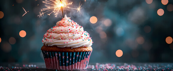 A delicious cupcake with a celebratory sparkler. Perfect for birthdays or any special occasion!