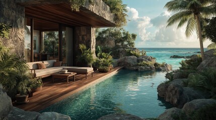 Obraz premium Tropical Luxury Villa: A stunning coastal villa with a private pool, seamlessly blending with nature and offering panoramic ocean views, embodies luxury and tranquility.